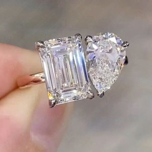 6.80 TCW Emerald & Pear Cut Moissanite Two Stone Engagement Ring 14K White Gold